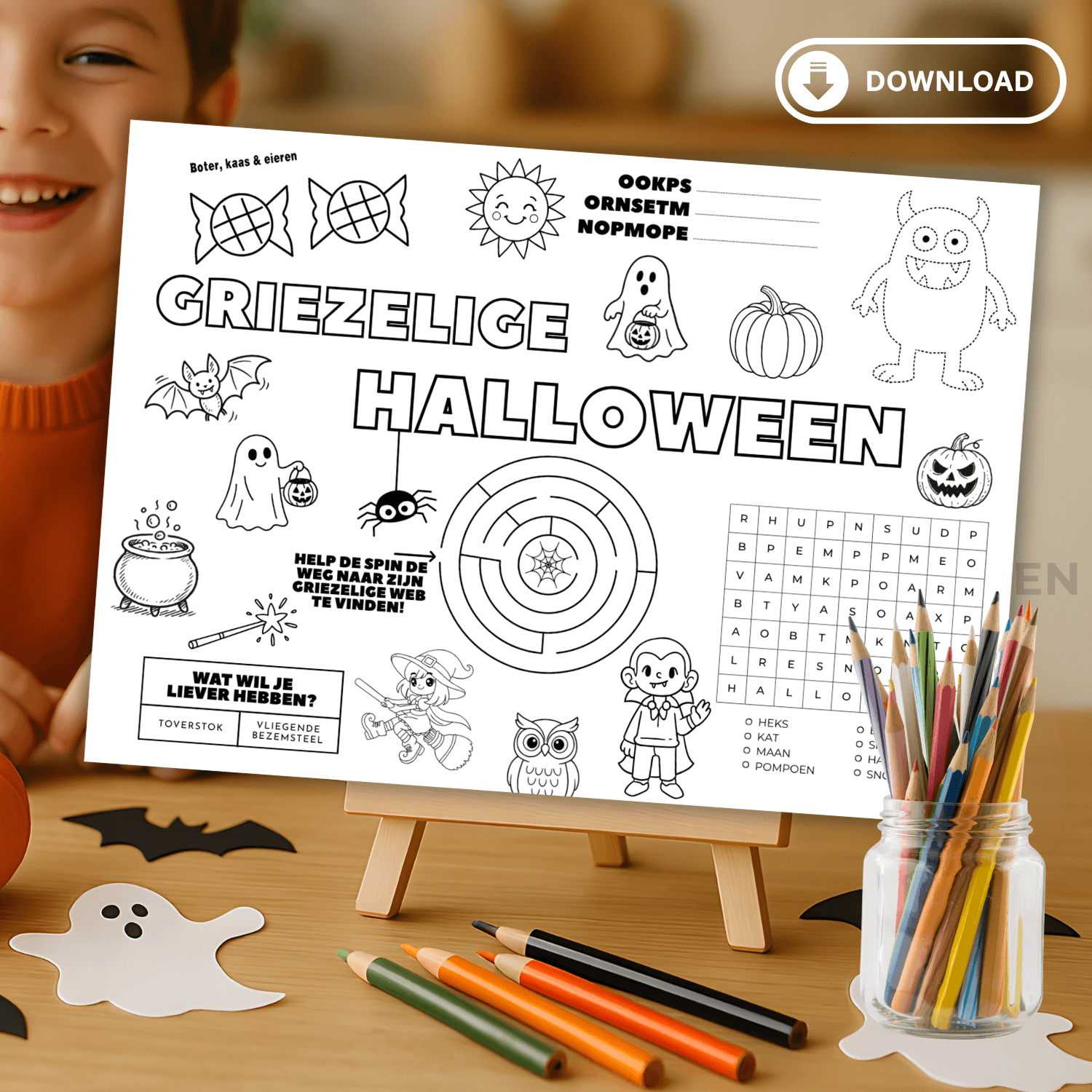 Spelletjes voor kinderen met Halloween op kleurplaat placemat om te downloaden