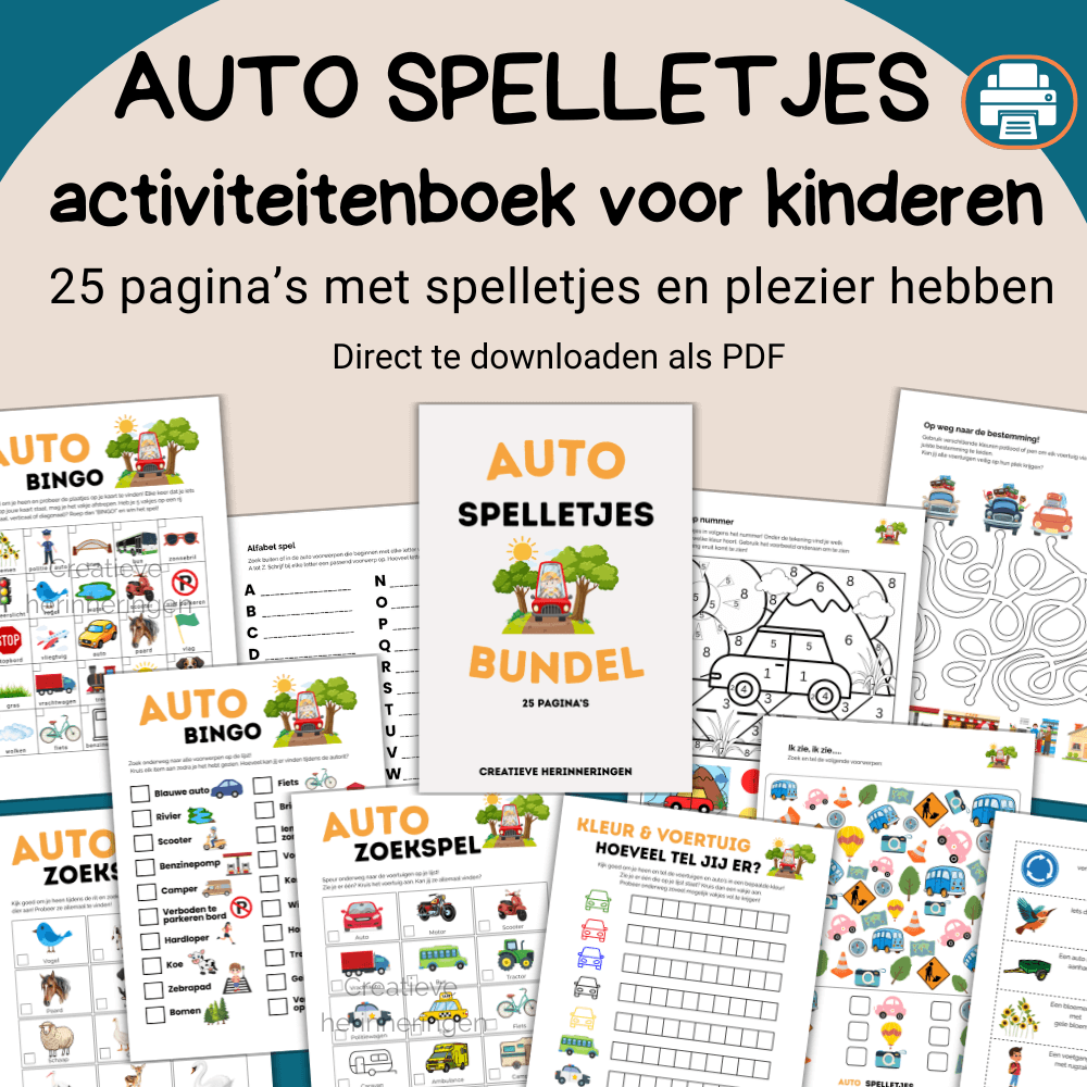 Bundel met spelletjes in de auto voor kinderen om onderweg te spelen (25 pagina’s)