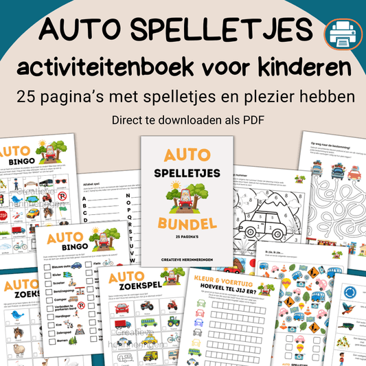 Bundel met spelletjes in de auto voor kinderen om onderweg te spelen (25 pagina’s)