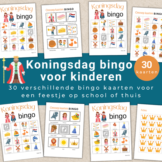 Koningsdag bingo basisschool, 30 kaarten om samen te spelen tijdens Koningsdag.