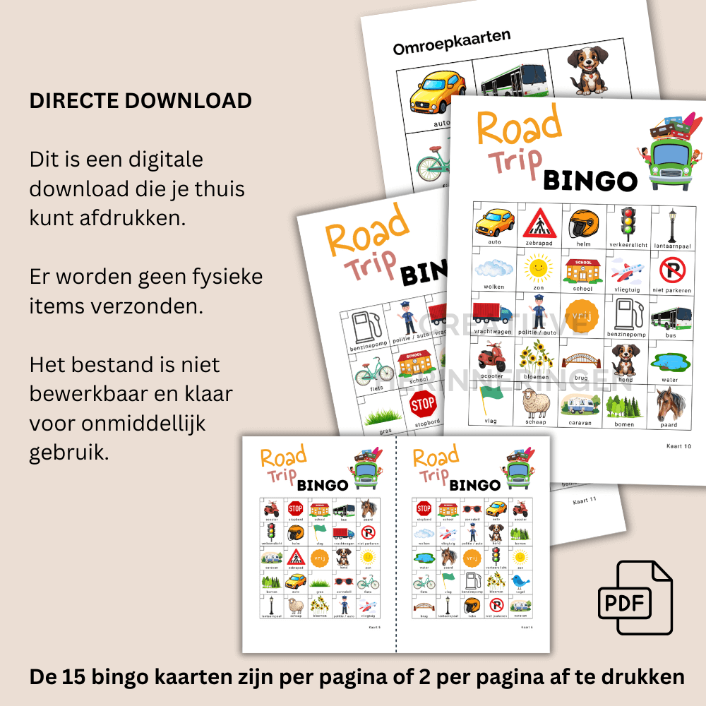 Bingo spel tijdens een roadtrip met kinderen: onderweg en op locatie (15 kaarten)
