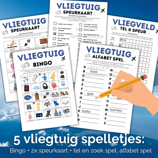 Vijf vrolijke vliegtuig spelletjes voor kinderen in één bundel om te printen