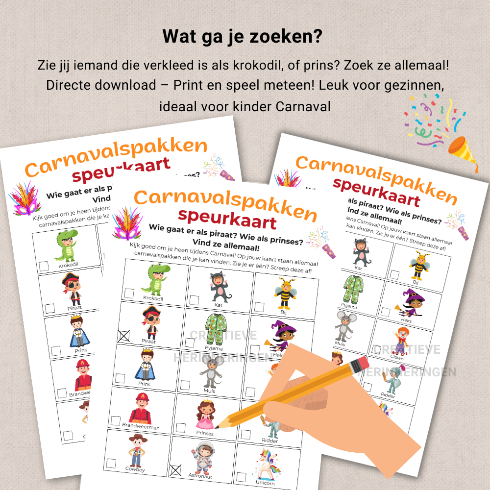 Kijk goed om je heen en speur naar de Carnavalspakken van je speurkaart (PDF).  