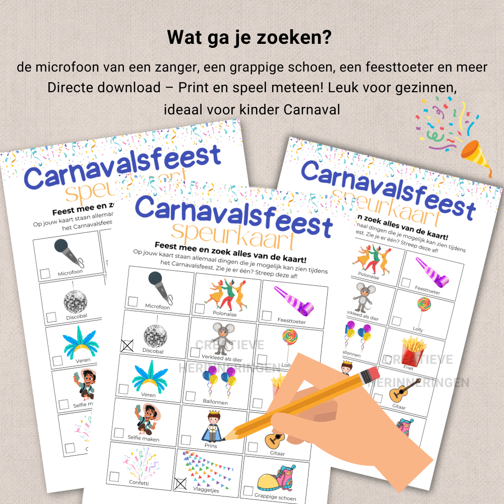 Zoek en ontdek de leukste details tijdens het Carnavalsfeest en streep deze af op de speurkaart.  