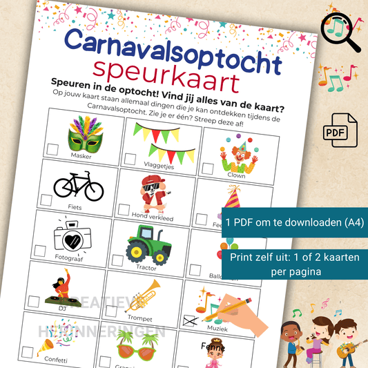 Speurkaart voor kinderen om de Carnavals optocht nog leuker te maken.