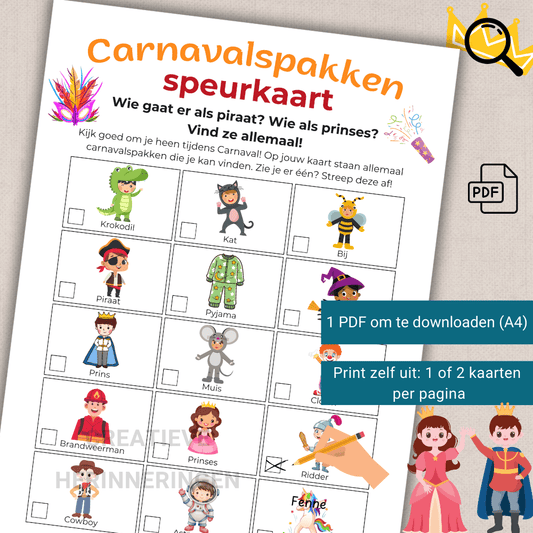 Speurkaart om de leukste Carnavalspakken te zoeken en af te strepen voor kinderen
