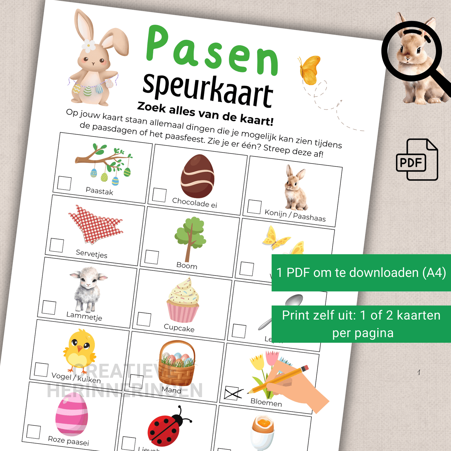 Speurkaart kinderen Pasen, uit te printen PDF om direct te spelen