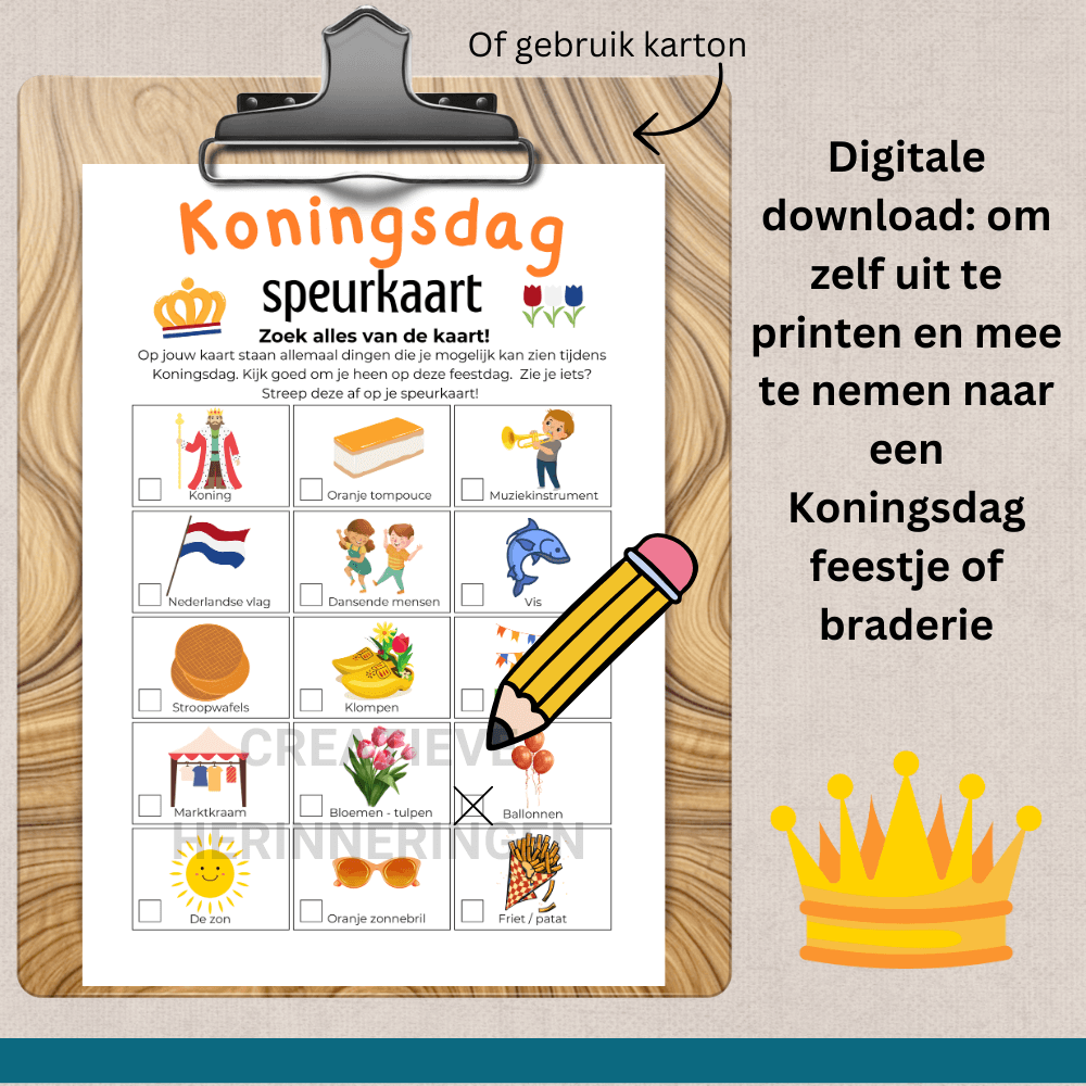 Interactief Koningsdag spelletje kinderen – speurkaart met herkenbare Koningsdag symbolen.