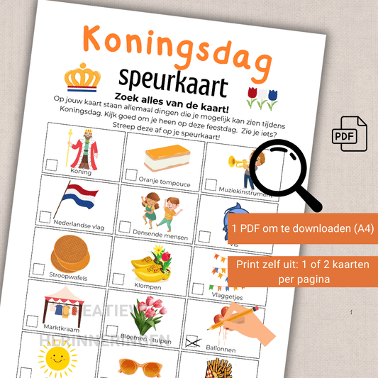 Speurkaart Koningsdag spelletje voor kinderen om uit te printen en te spelen.