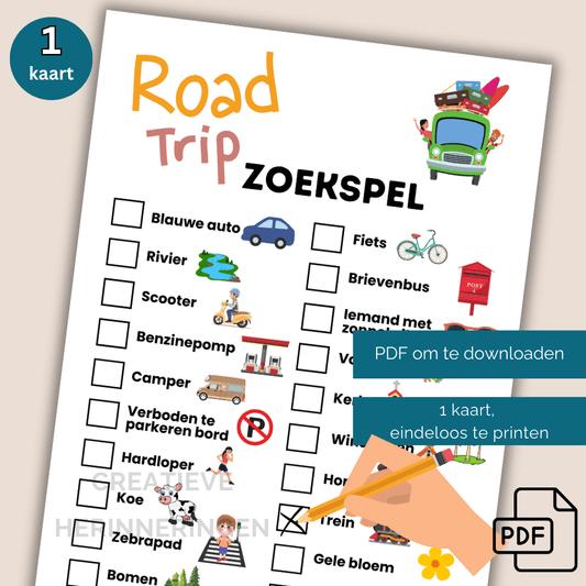 Speurkaart road trip voor kinderen om onderweg 20 dingen te zoeken van je kaart
