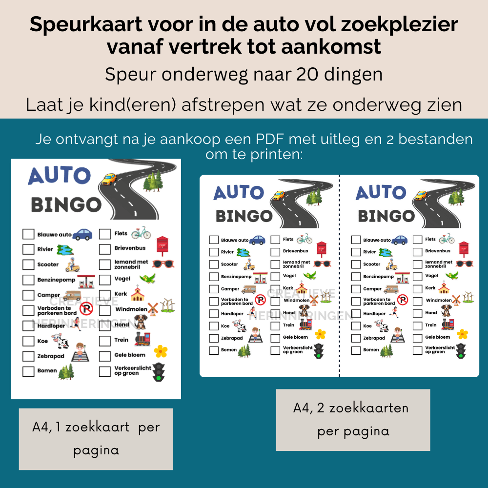 Vrolijke speurkaart voor in de auto die kinderen laat kijken, zoeken en ontdekken tijdens de autoreis