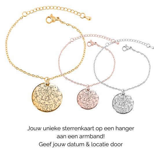 Gepersonaliseerde armband met sterrenkaart van stand sterren datum en locatie