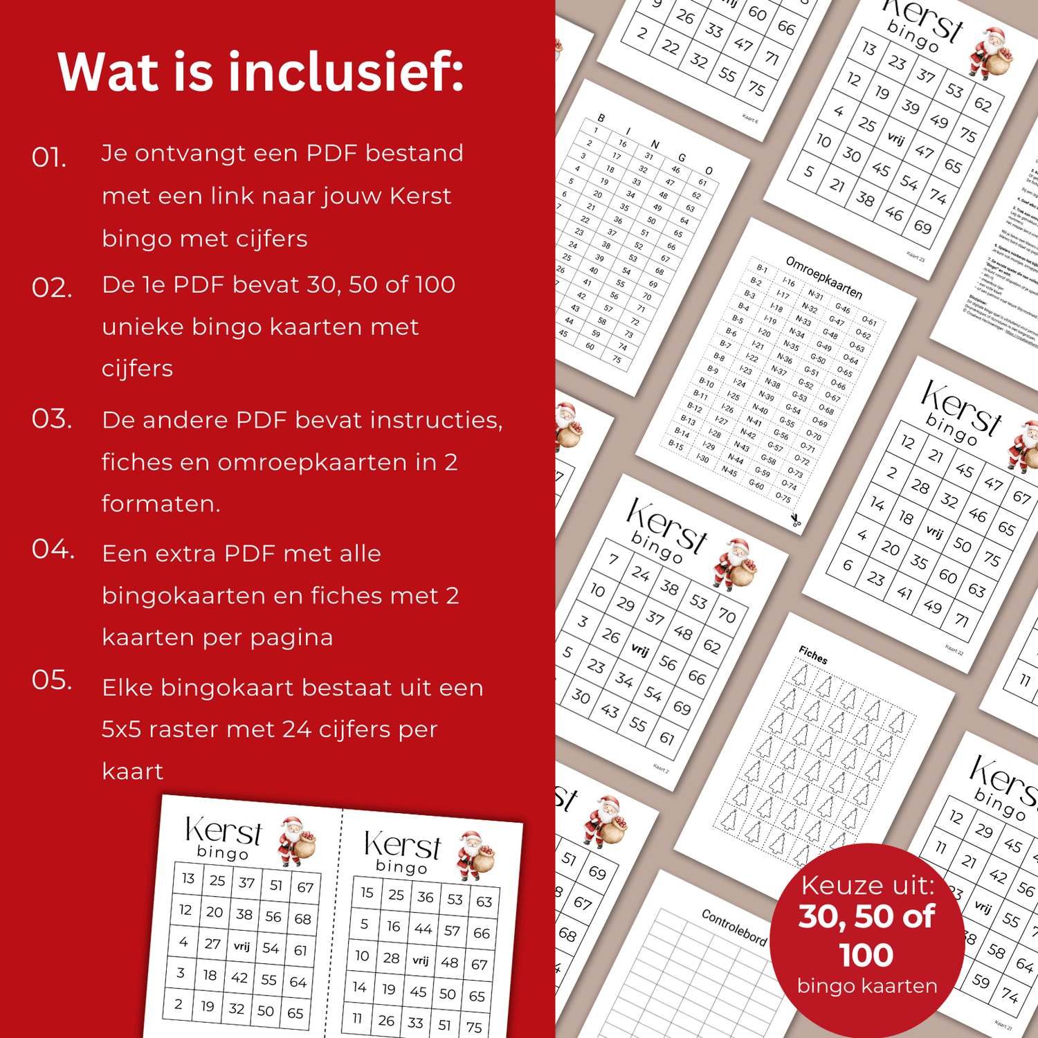 Kerst bingo spel met cijfers in feestelijke stijl, ideaal voor collega’s, familie en vrienden tijdens de feestdagen.