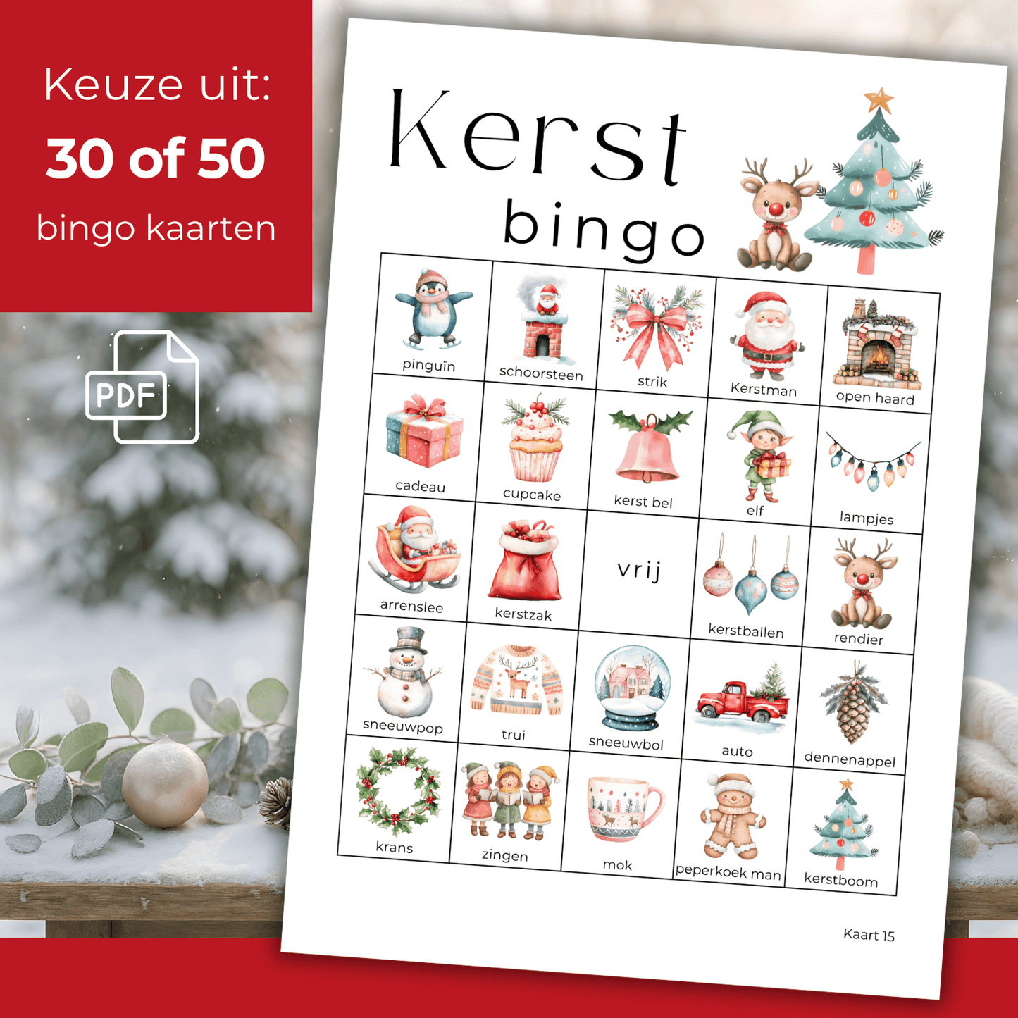 Kerst bingo met plaatjes, te printen kerst bingo kaarten voor jong en oud