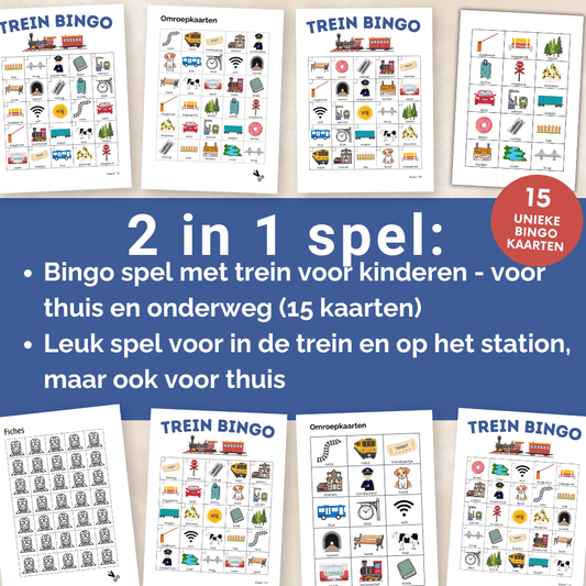 Treinbingo spel met 15 unieke bingo kaarten voor kinderen