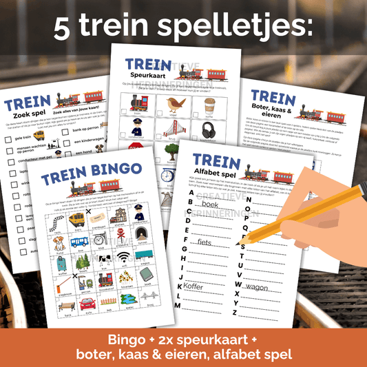 Bundel met vijf trein spelletjes voor kinderen in de trein