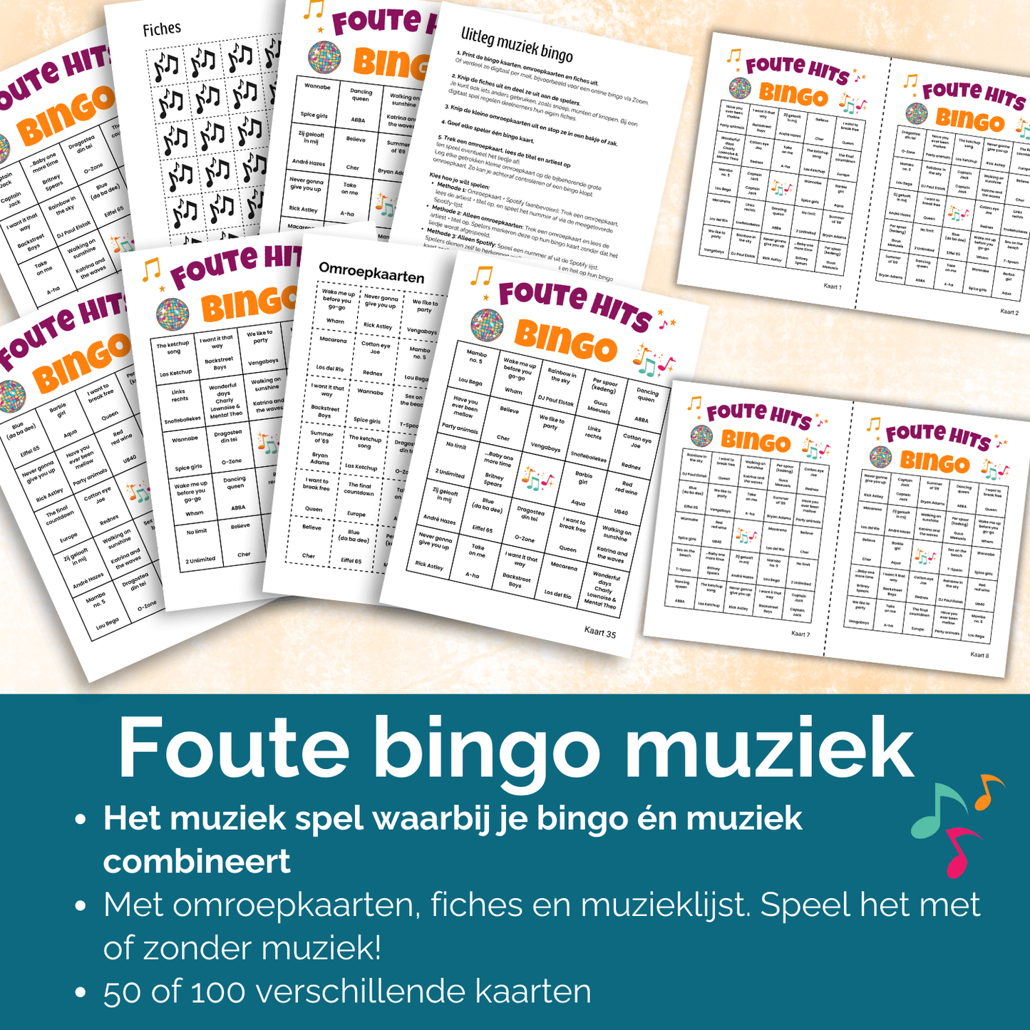 Groepsspel foute bingo, muziekbingo, eenvoudig te downloaden en printen, tot 50 of 100 spelers