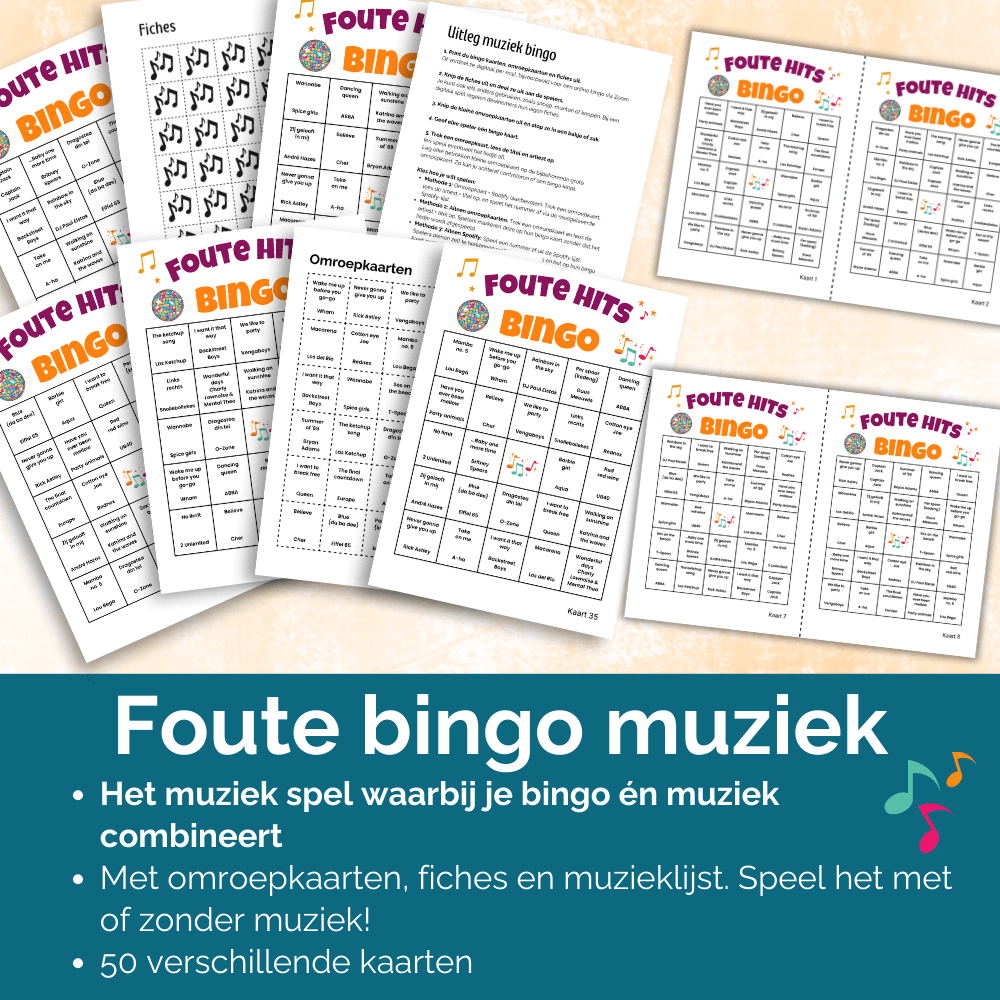 Groepsspel foute bingo, muziekbingo, eenvoudig te downloaden en printen, 50 spelers