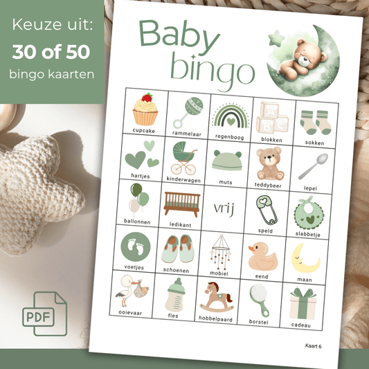 Uit te printen groene babyshower bingo in teddybeer thema, direct te downloaden