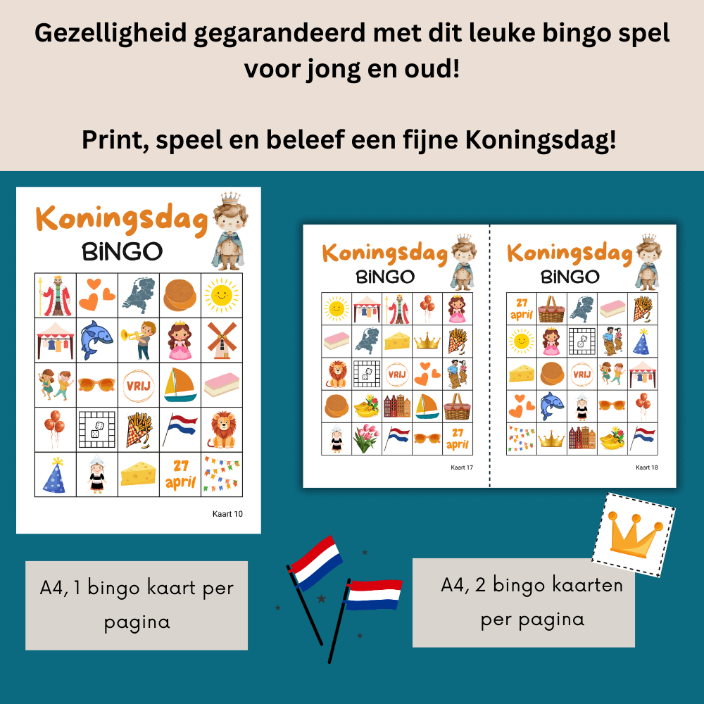 Bingokaarten voor Koningsdag feesten: Direct te downloaden en uit te printen.