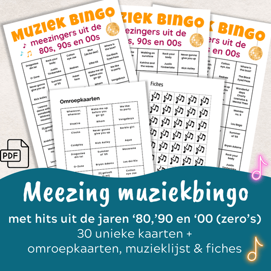 Uit te printen meezingers muziek bingo die je direct vanuit huis kunt downloaden. Perfect als muziekspel voor een gezellige avond.