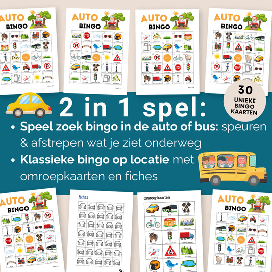 30 verschillende auto bingo kaarten voor in de bus, geschikt voor onderweg én op locatie