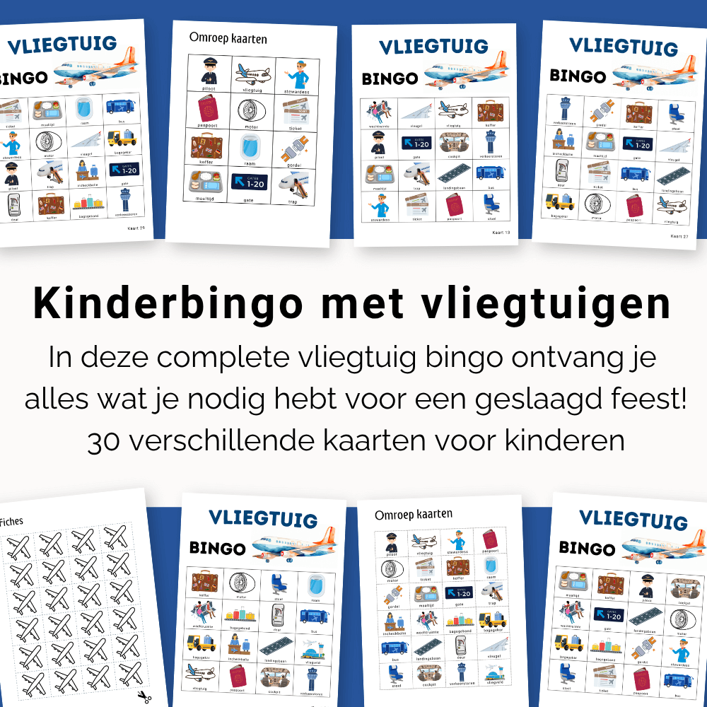 Kinderen spelen samen vliegtuig bingo met 30 unieke kaarten