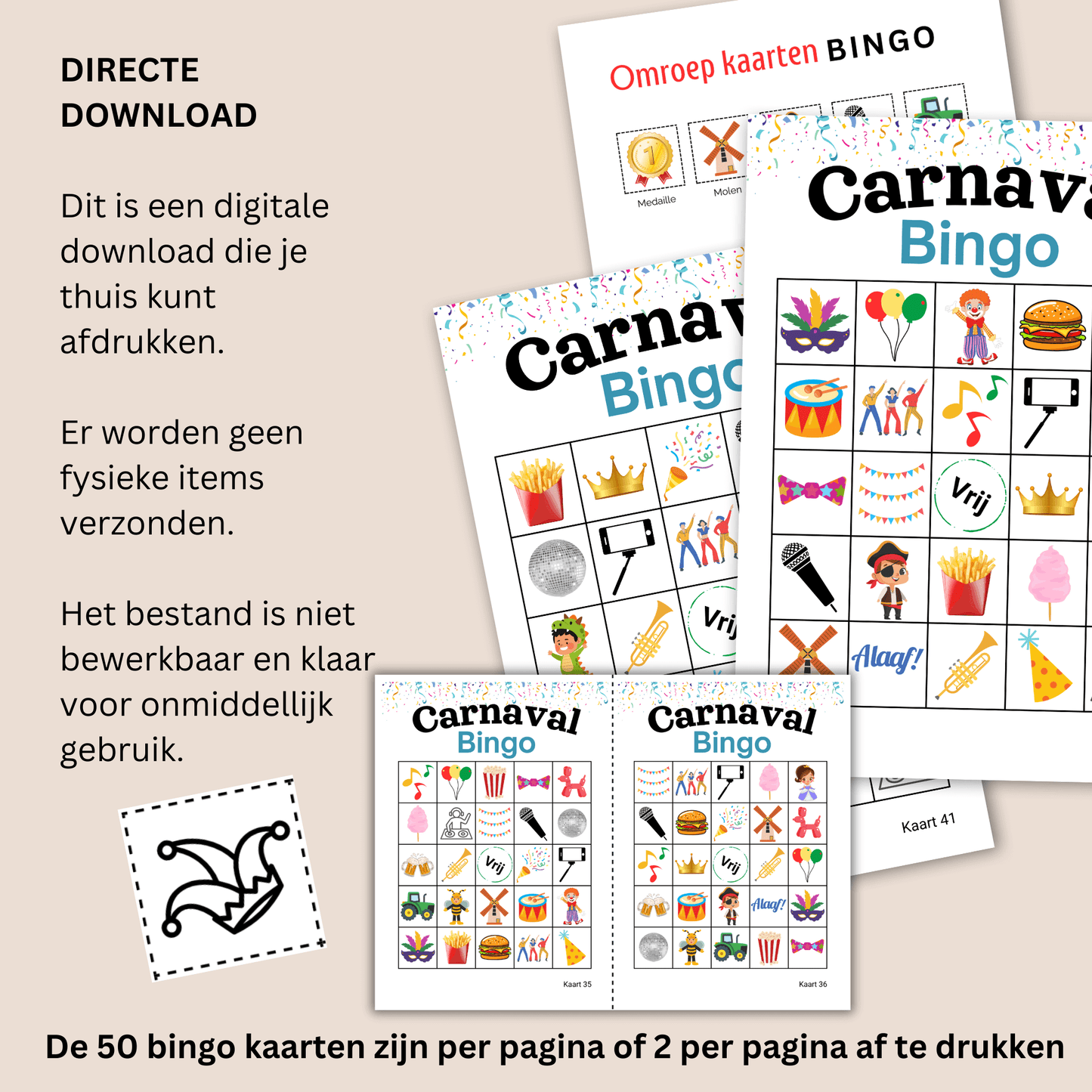 Uit te printen online bingo voor Carnaval PDF – geschikt voor iedereen, 50 verschillende bingo kaarten