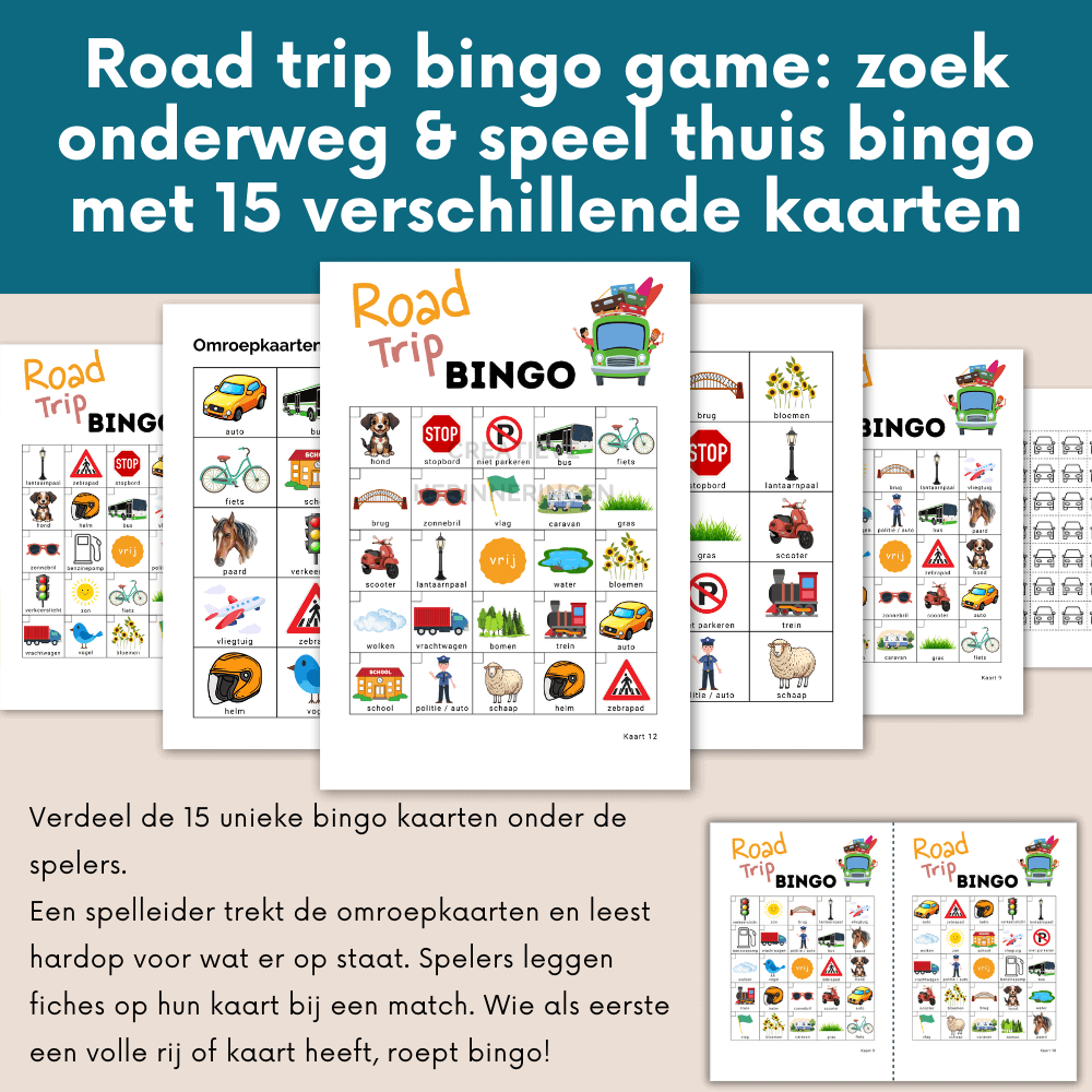 Speel bingo onderweg tijdens je road trip met kinderen, en speel bingo op locatie (15 kaarten)