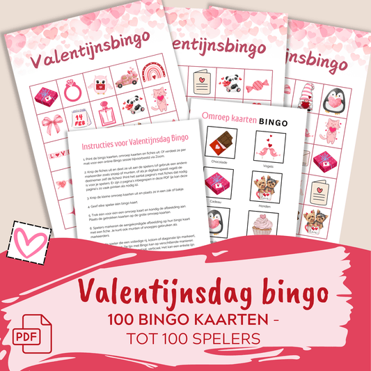 Valentijns activiteiten: Valentijnsdag Bingo met 100 unieke kaarten als PDF