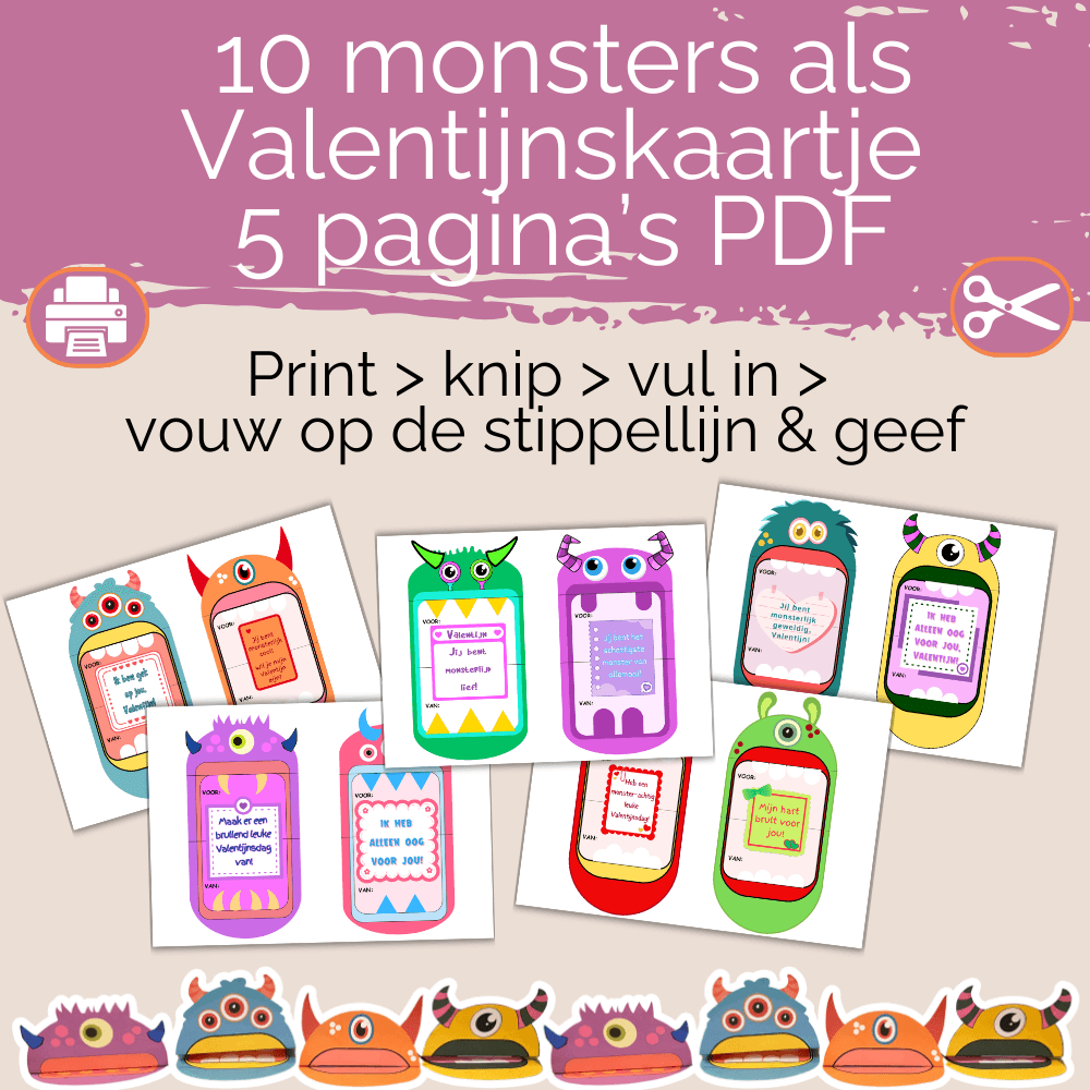 PDF voor Valentijns knutselen: leuke monster Valentijnskaarten voor kinderen