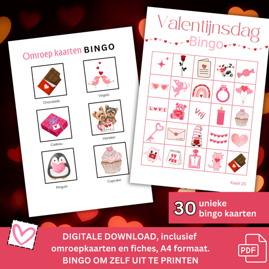 Valentijnsbingo met 30 unieke kaarten als PDF te downloaden