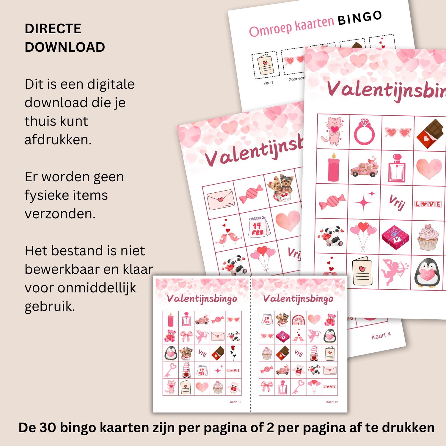 Download en speel deze Valentijnsbingo met 30 kaarten voor families en groepen