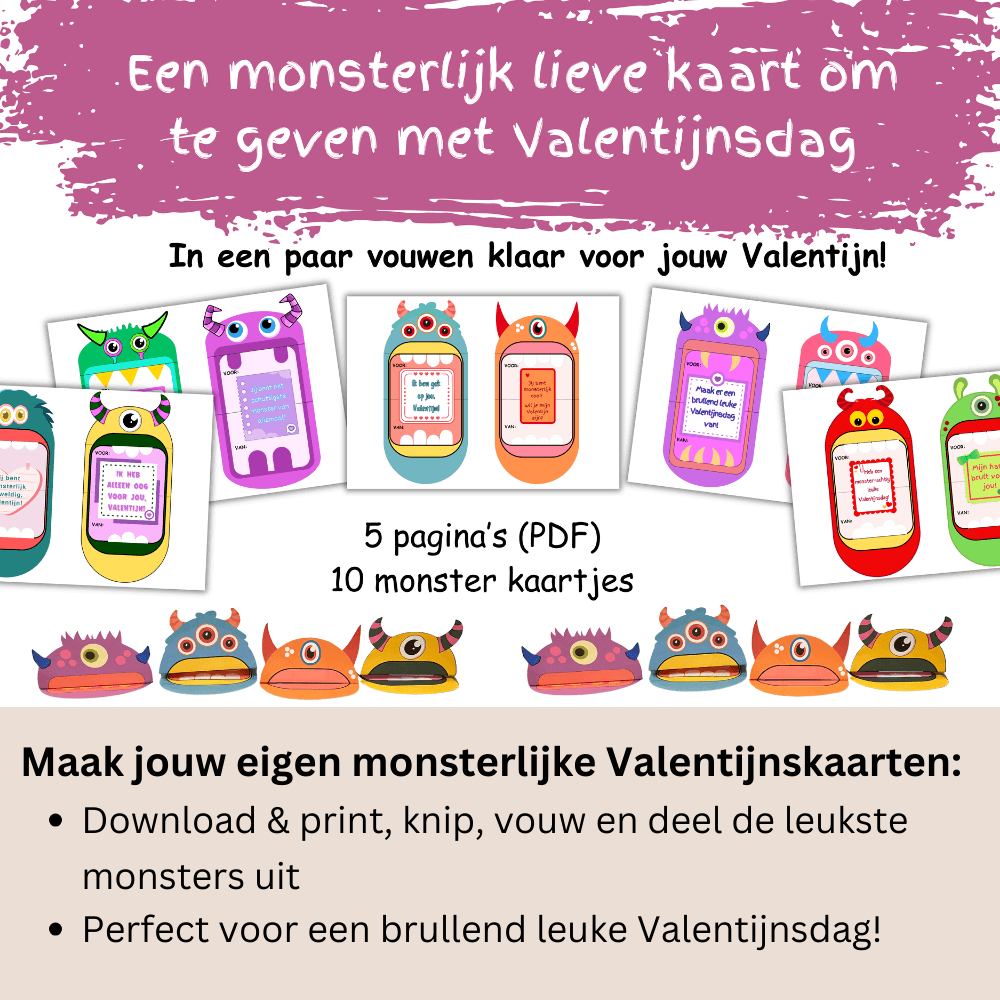 Uit te printen monsterkaarten (PDF) voor Valentijnsdag knutselen voor kinderen  