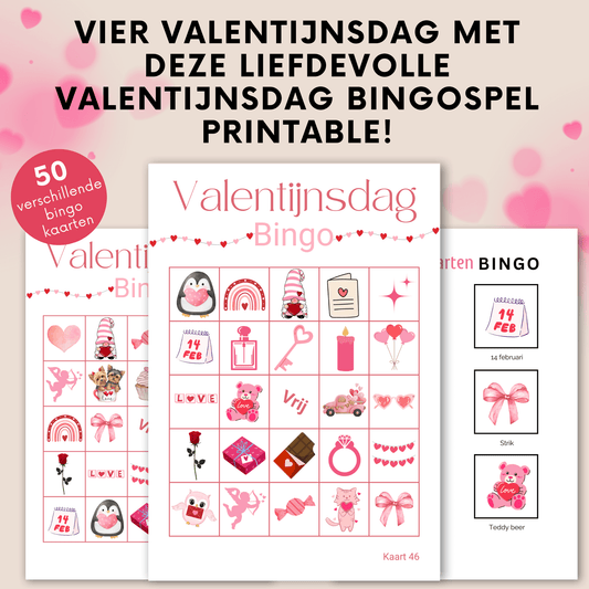 Valentijnsdag kinderen: Bingo met 50 unieke kaarten als PDF