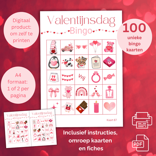 Valentijns spel: Bingo met 100 unieke kaarten voor tot 100 deelnemers