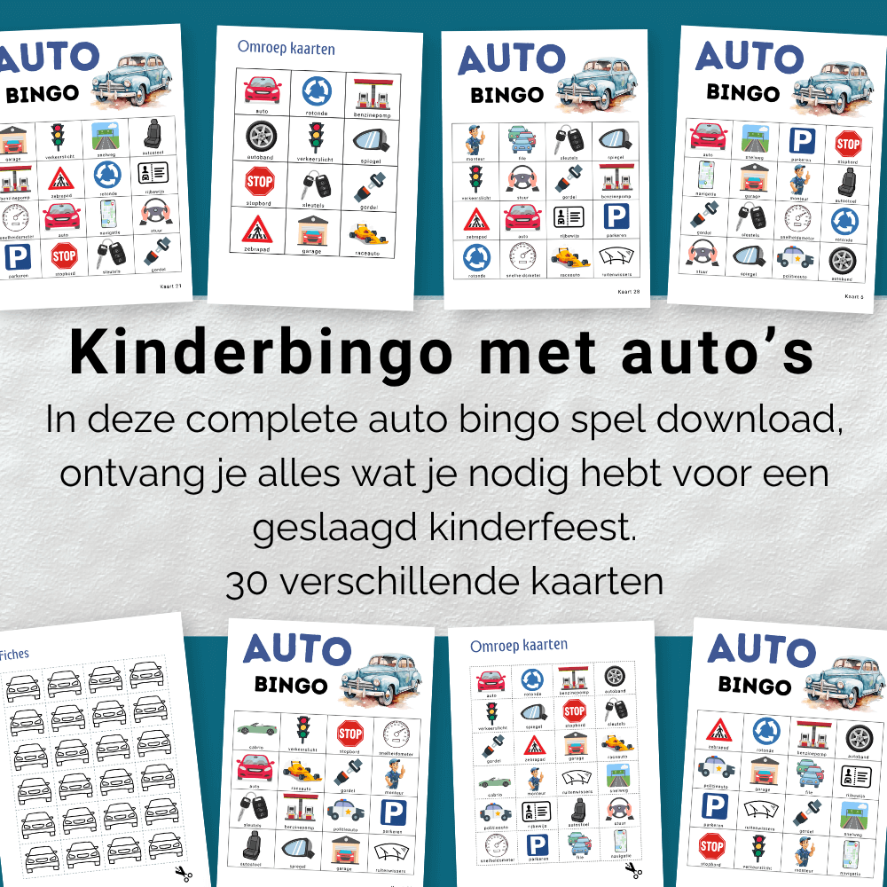 Kinderbingo voor jonge autoliefhebbers, perfect voor kinderfeestjes – 30 kaarten