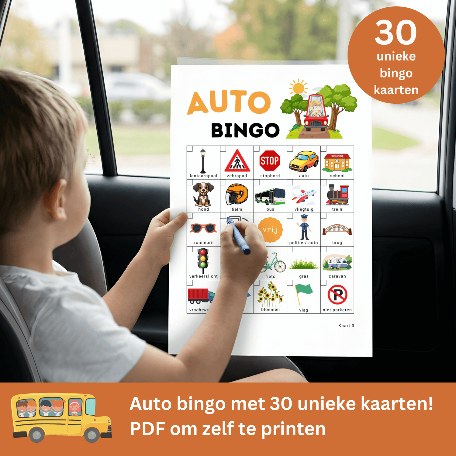 Wil je de kinderen vermaken met het schoolreisje of tijdens een autorit? Gebruik deze auto bingo ook als bus spelletje