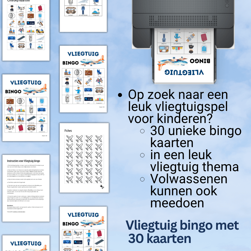 Vliegtuig bingo voor kinderfeestje thuis of op school met 30 verschillende kaarten