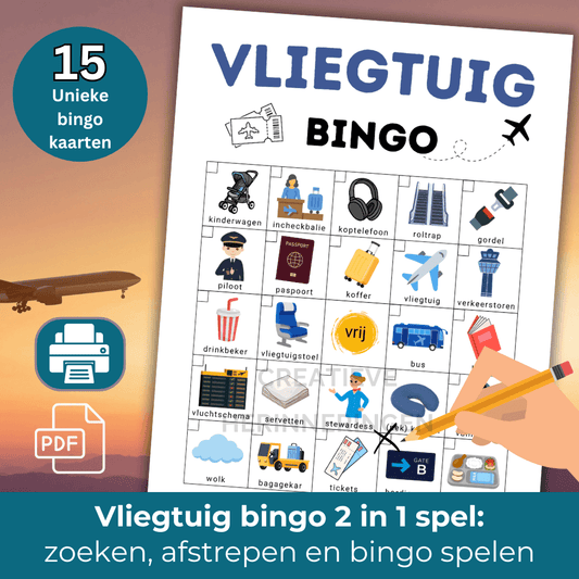 Vliegtuig bingo spel voor kinderen tijdens de vliegreis, 15 verschillende kaarten