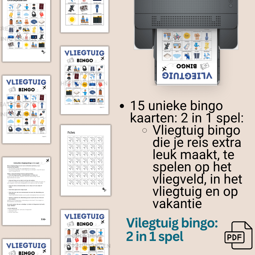 Educatief vliegtuig bingo spelletje voor kinderen zonder scherm – 15 kaarten
