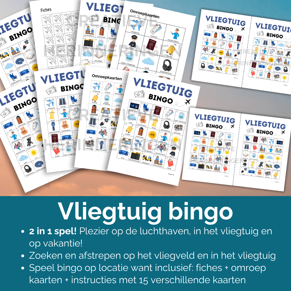 Uit te printen bingo spel voor in het vliegtuig of op het vliegveld, speel vliegtuig bingo