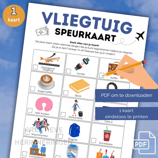 Vliegtuig speurkaart voor kinderen om tijdens vliegreis af te strepen