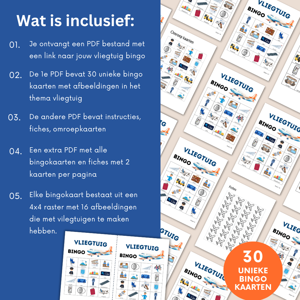 Viegtuig bingo spel met vliegtuigthema voor kinderen, 30 kaarten