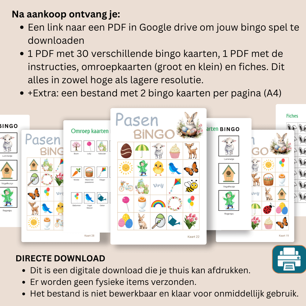 Paas bingo PDF met vrolijke afbeeldingen en 30 unieke speelkaarten.
