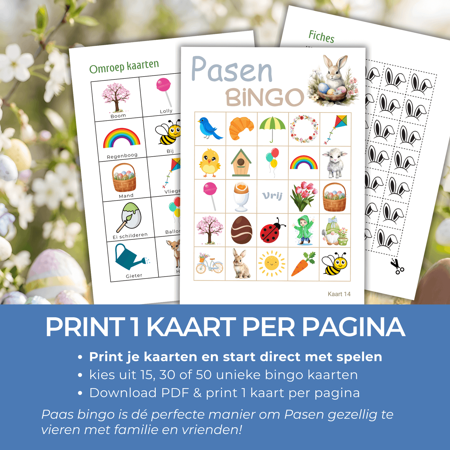 Download de Paas bingo PDF en start meteen met spelen, 15, 30 of 50 deelnemers.