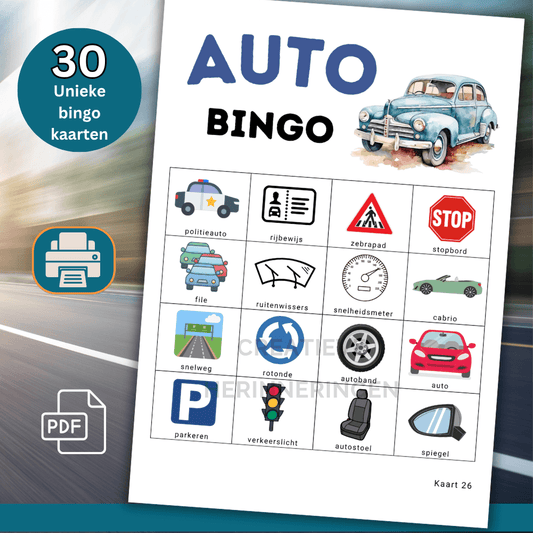 Vrolijk auto bingo spel in auto-thema voor een kinderfeestje met maximaal 30 kinderen