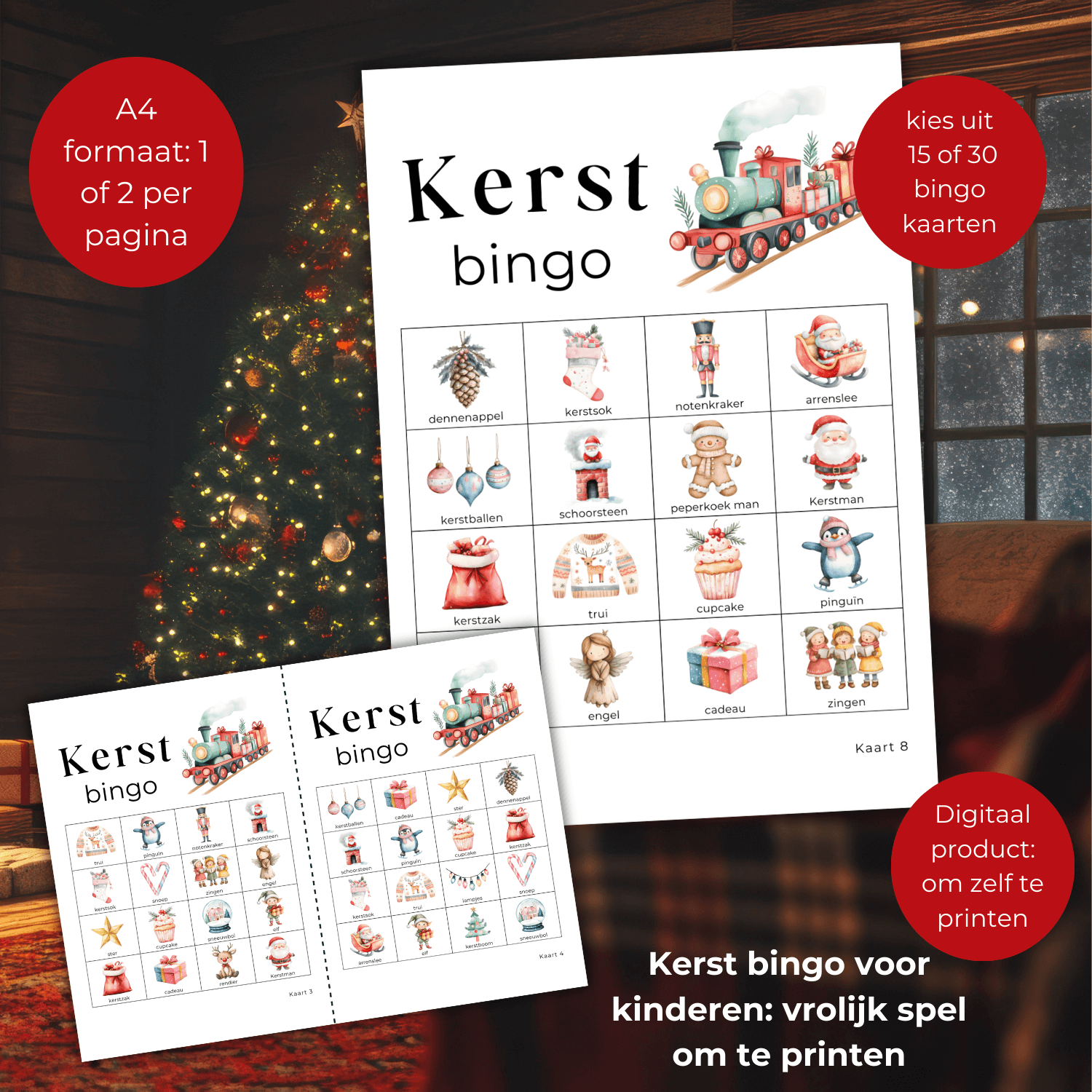 Te downloaden en printen kerstbingo voor kinderen met unieke 4x4 kaarten en herkenbare kerst afbeeldingen .
