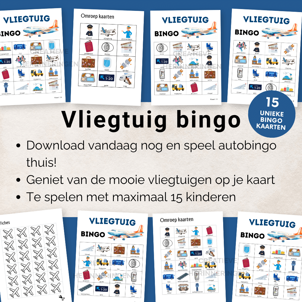 Gezelschapsspel voor kinderen met vliegtuig bingo met 15 unieke kaarten