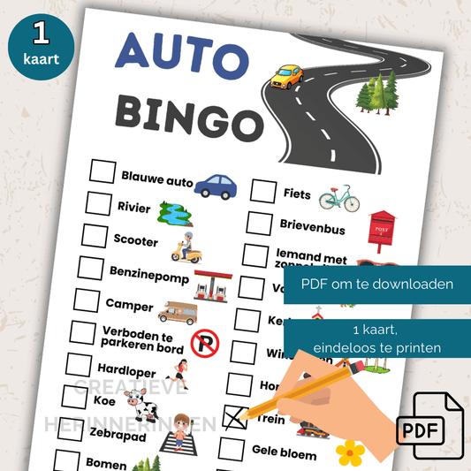 Speurkaart voor in de auto waarmee kinderen onderweg objecten zoeken en afstrepen op een vrolijke kaart